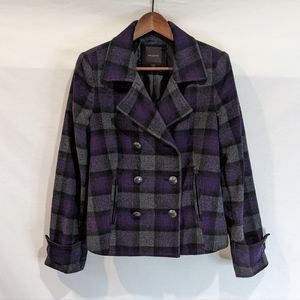 The Limited Checkered Plaid Purple and Grey Wool Blend Pea Coat Size Medium
